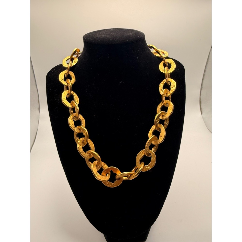 1990s Karl Lager field Gold Hammered Chunky Link Toggle Necklace KL Logo - Picture 1 of 6